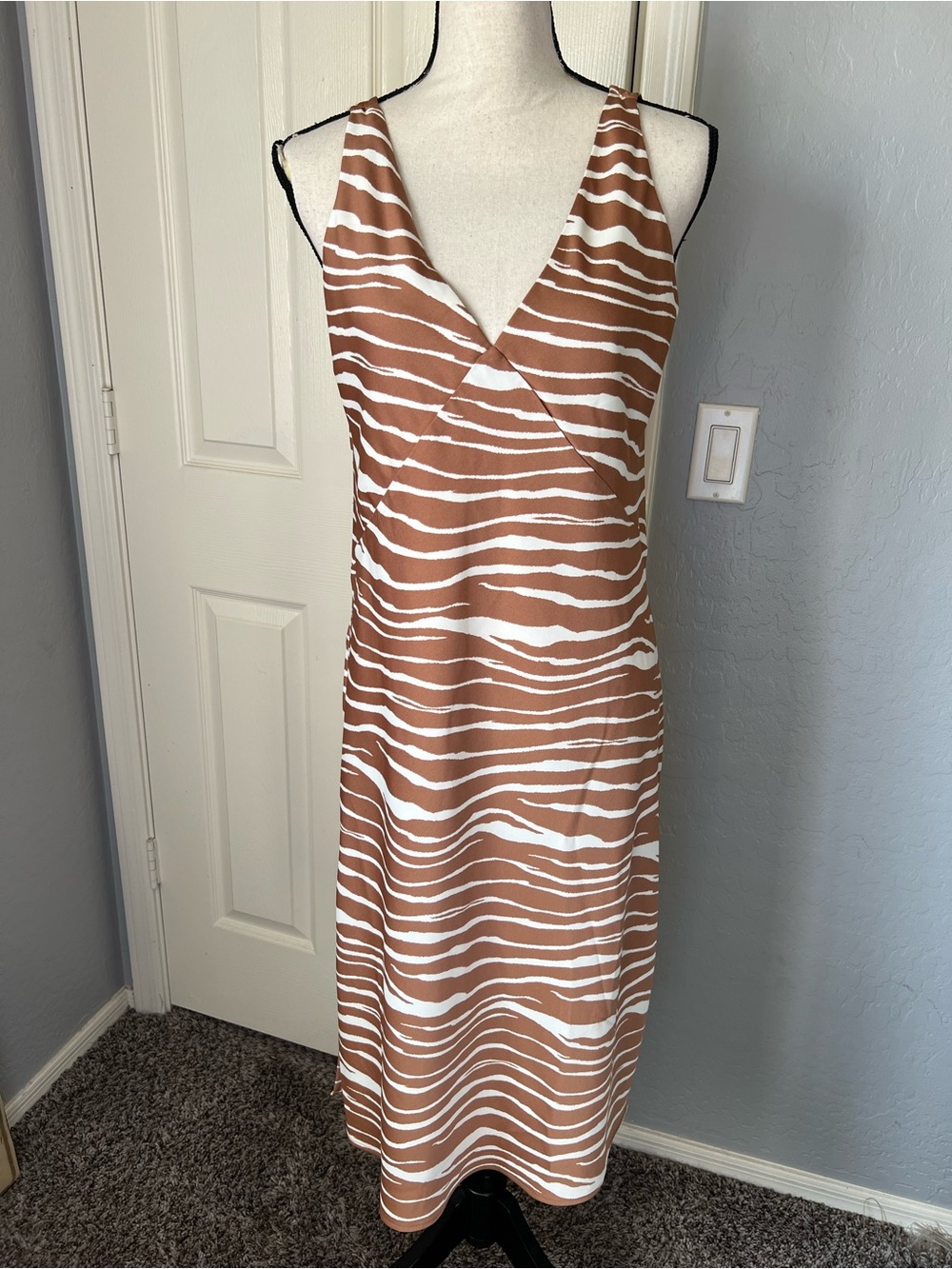A New Day Brown and White Zebra Stripe Sleeveless Midi Dress